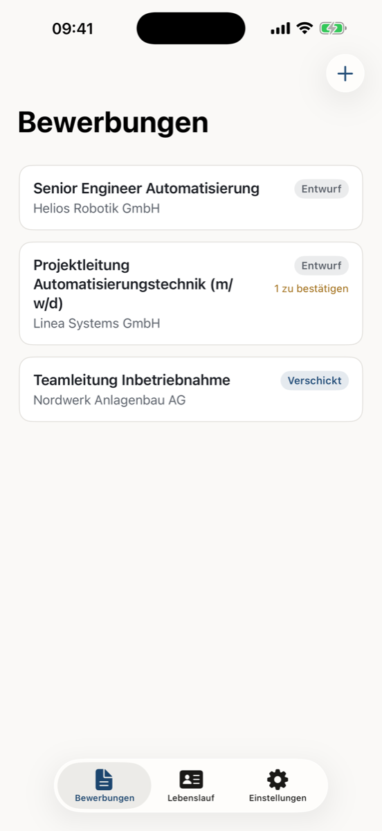 Übersicht mit drei Bewerbungen