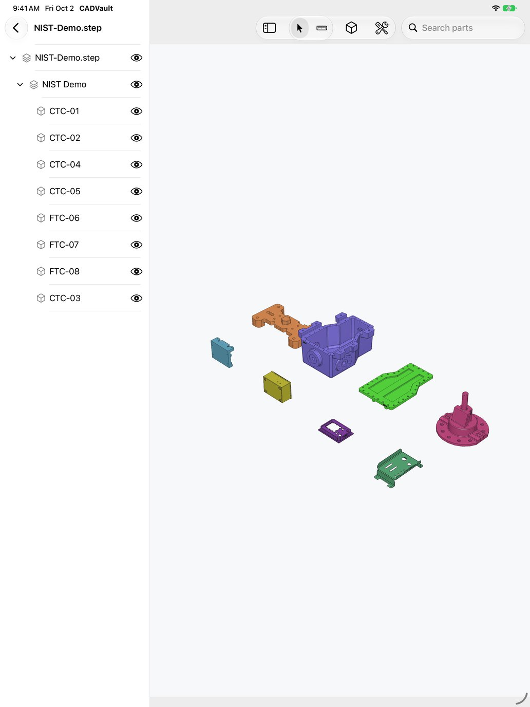 Assembly tree next to colored parts on iPad