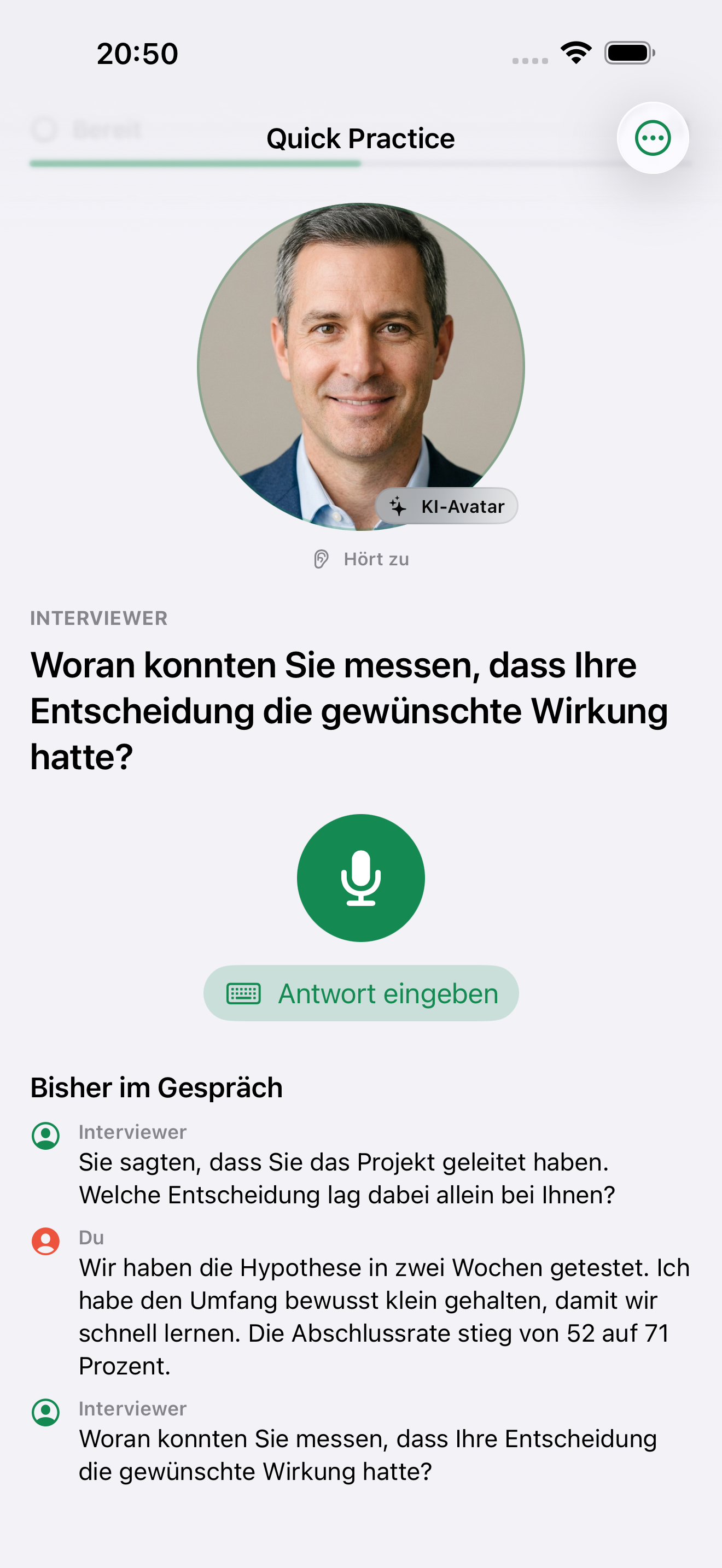 Laufendes Interview mit sichtbarem KI-Avatar