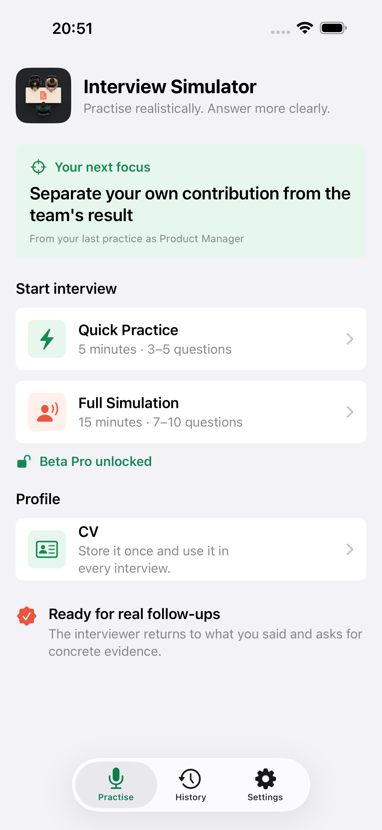Interview Simulator Avatar home screen