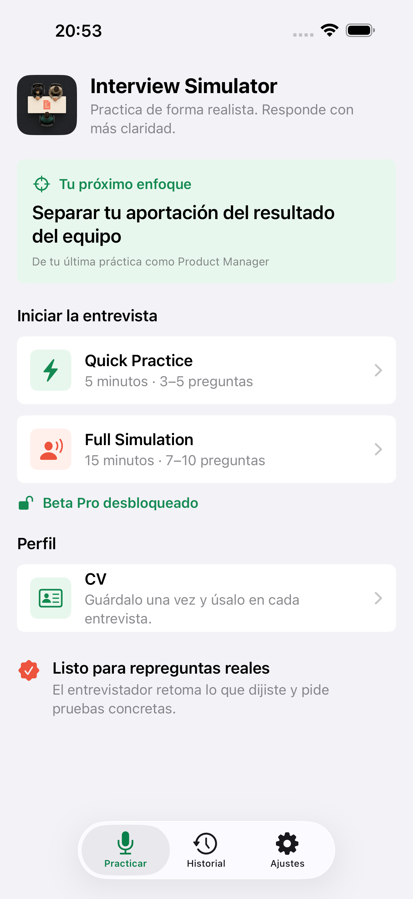 Pantalla de inicio de Interview Simulator Avatar