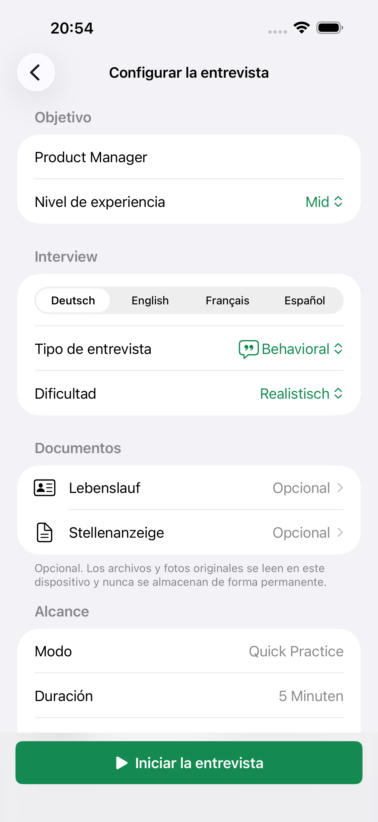 Configuración de la entrevista