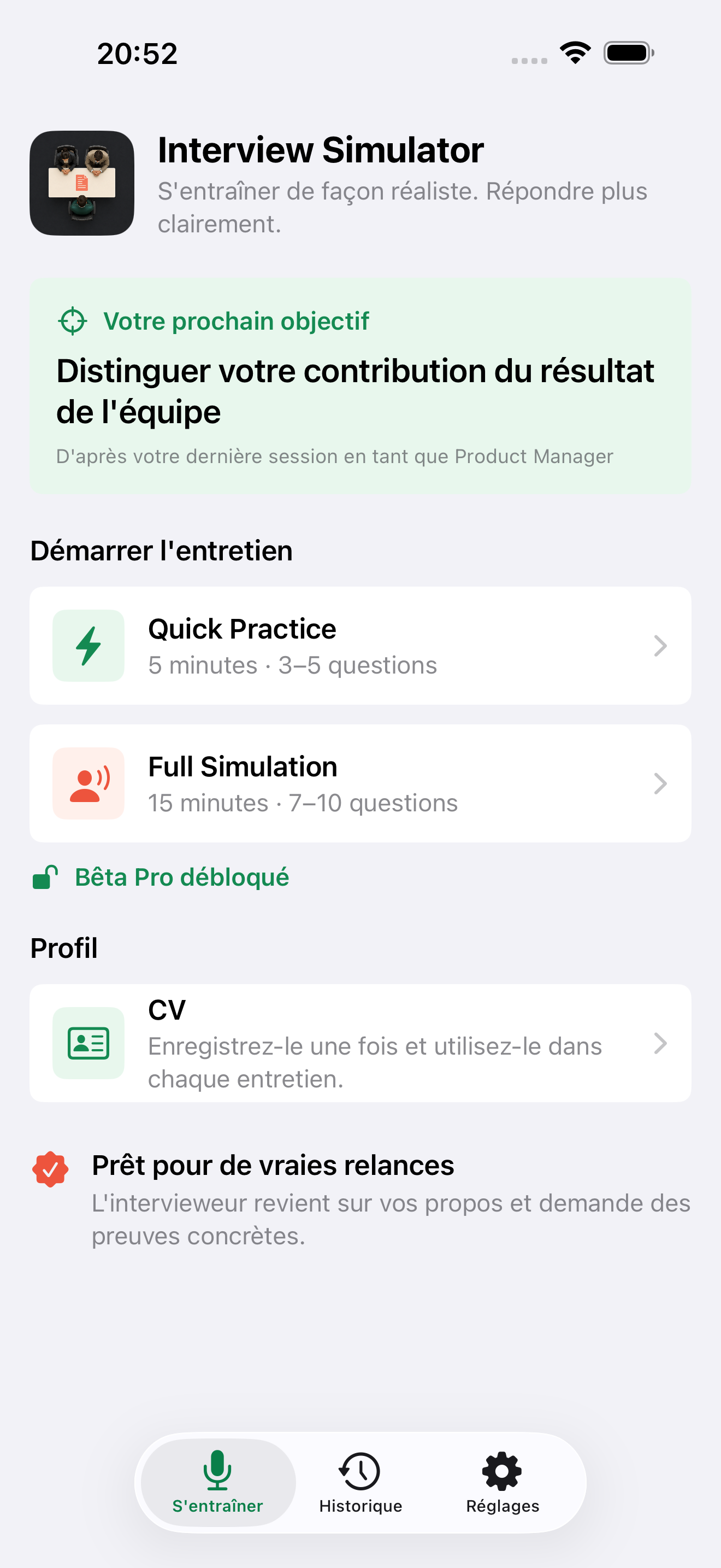 Écran d'accueil d'Interview Simulator Avatar