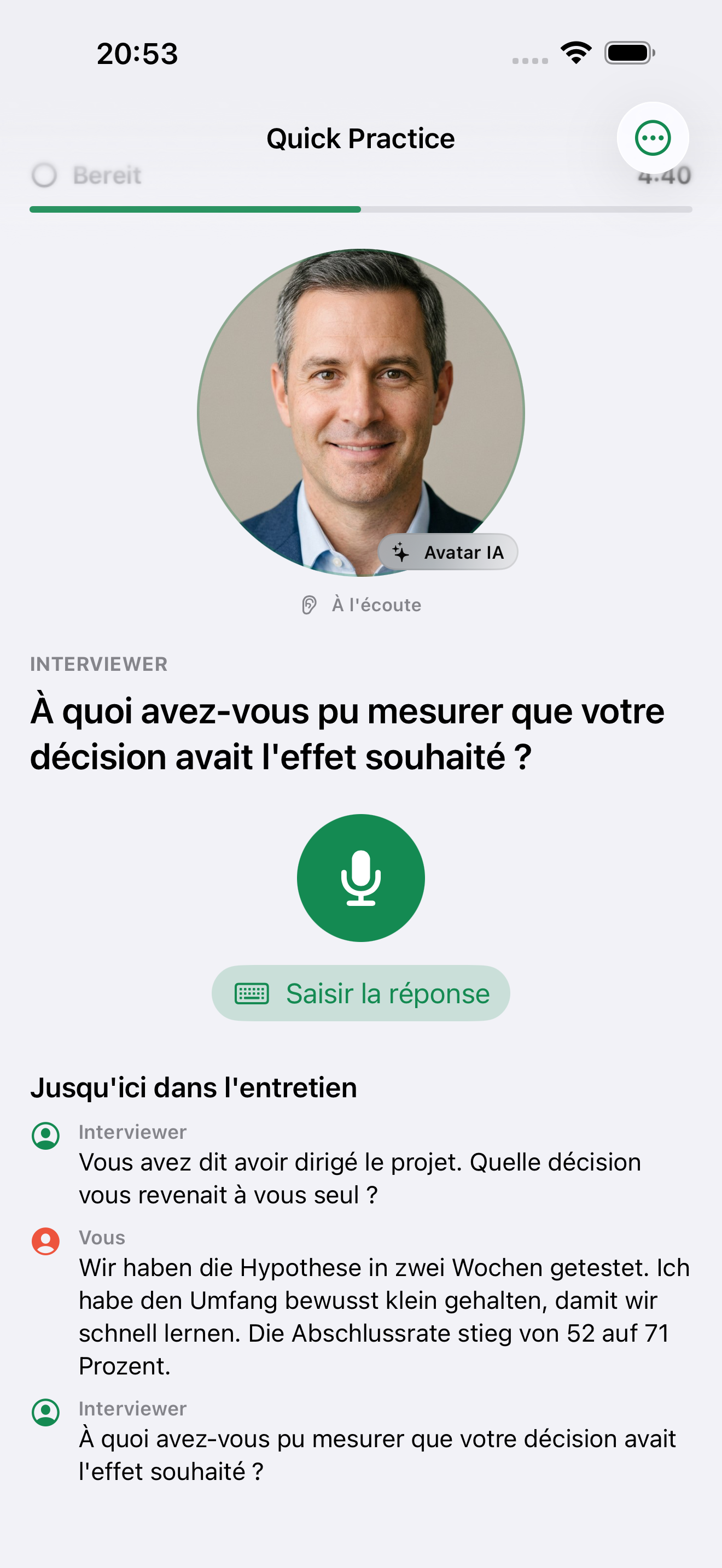 Entretien en cours avec un avatar IA visible