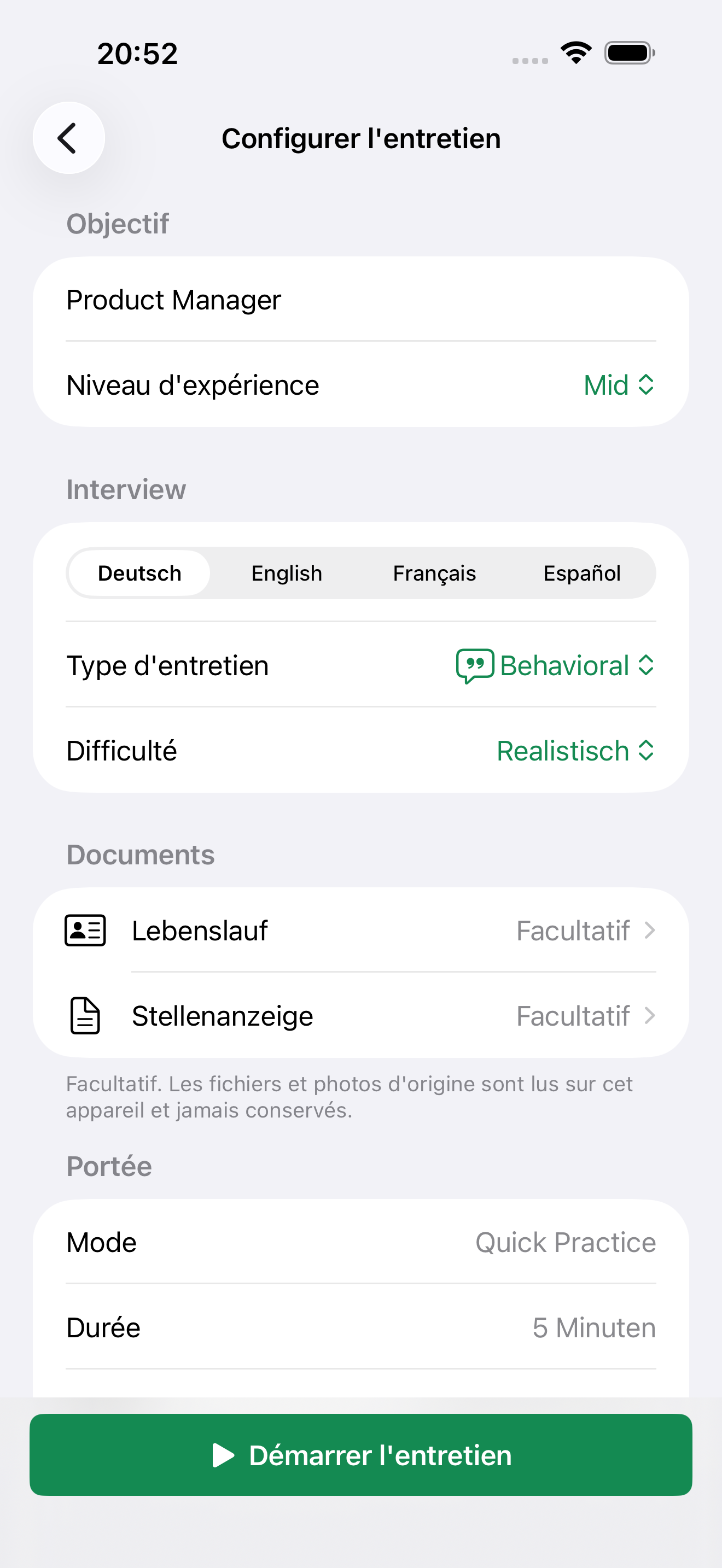 Configuration de l'entretien
