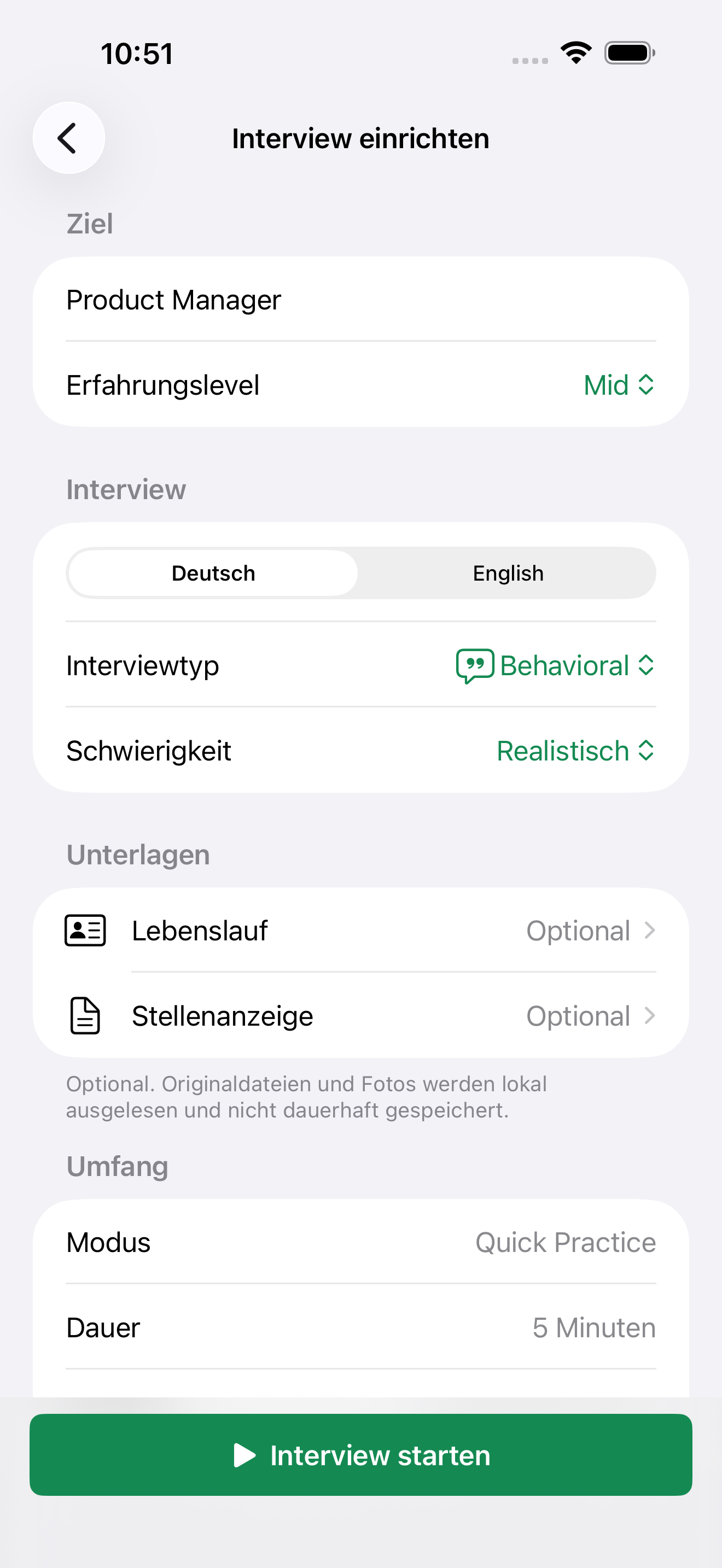 Interview einrichten
