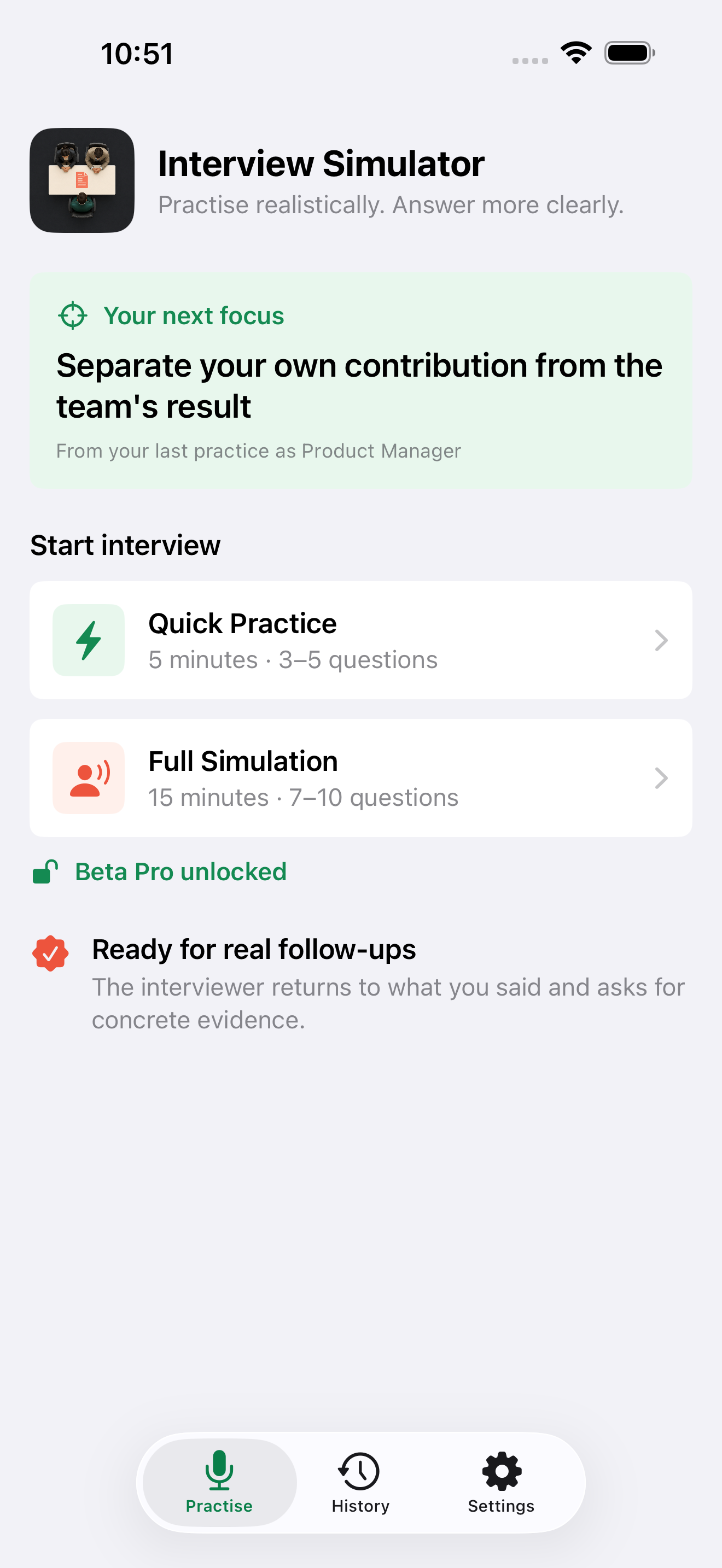Interview Simulator home screen