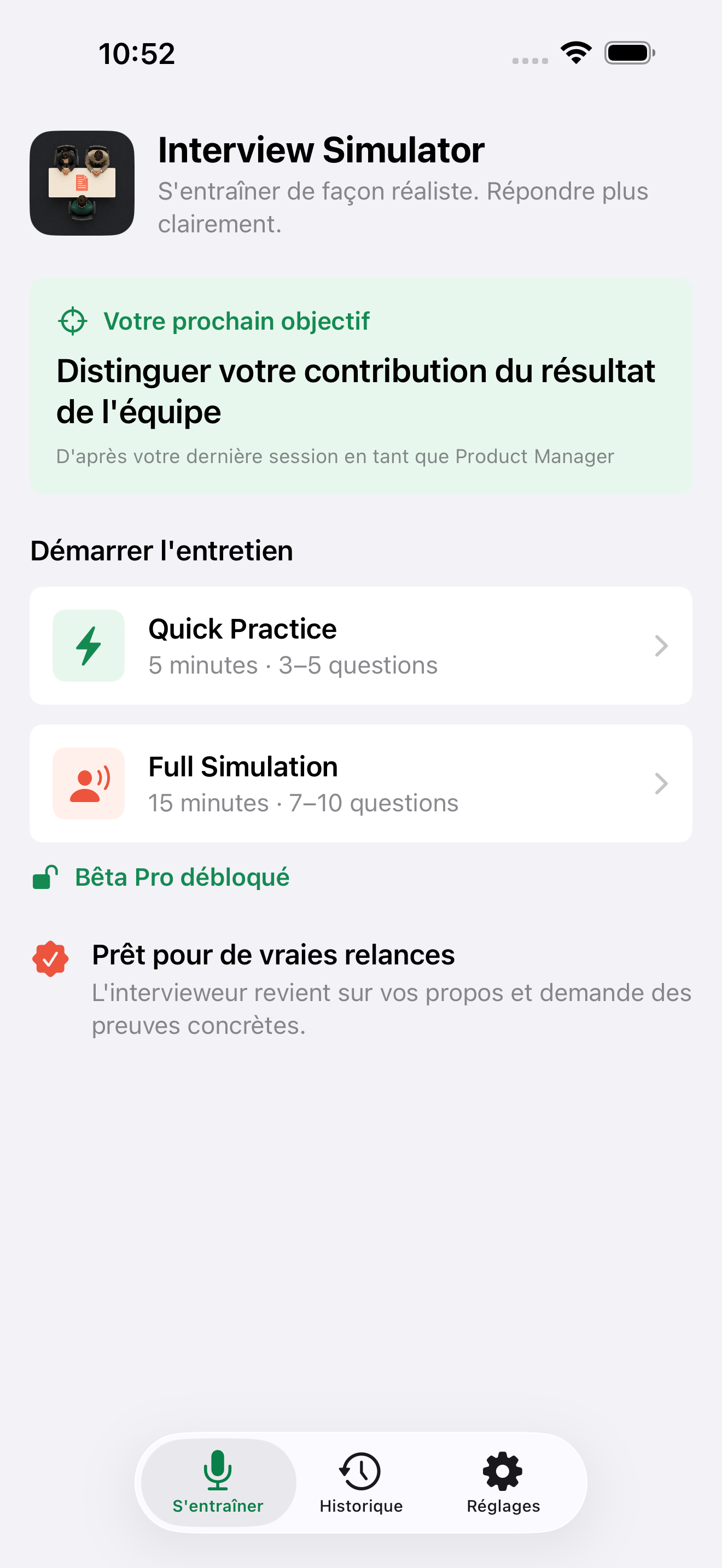 Écran d'accueil d'Interview Simulator
