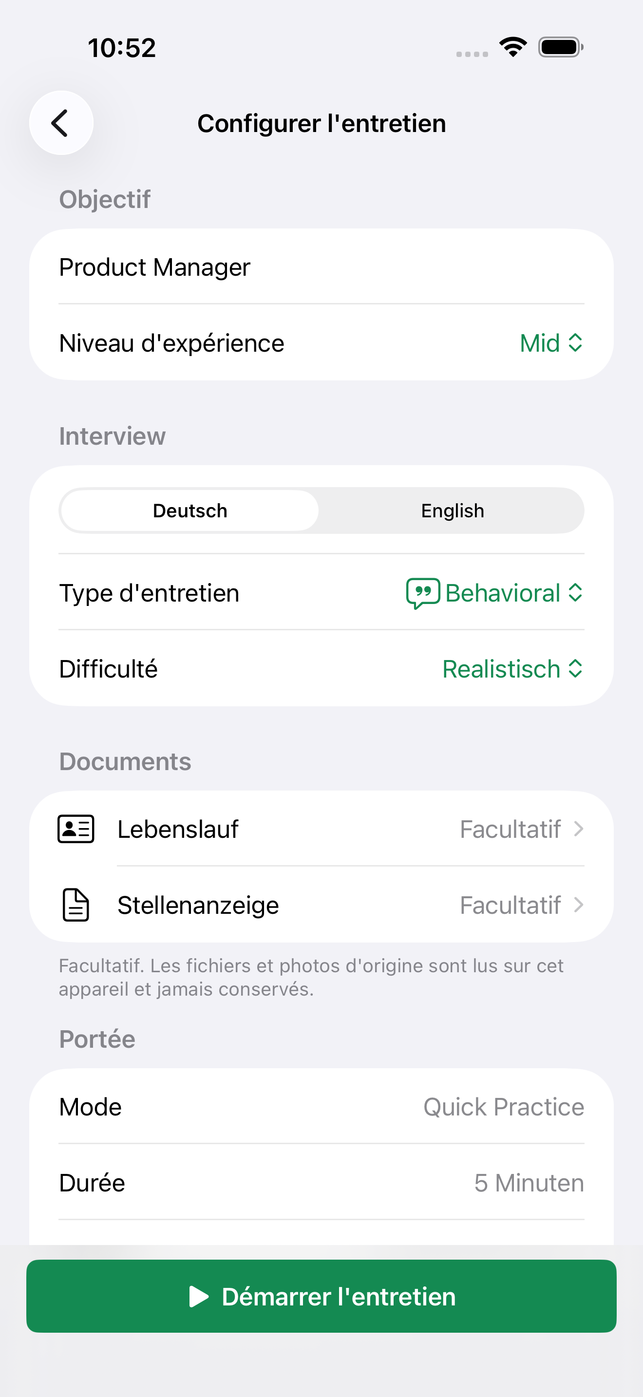 Configuration de l'entretien